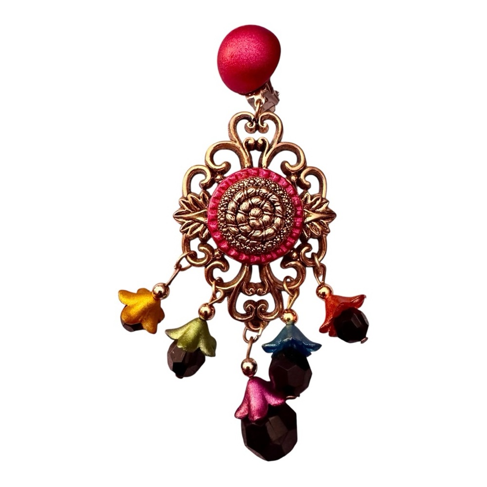 Vintage Large Multi-Colorful Filigree Clip-On Bead Dangle Statement Earrings